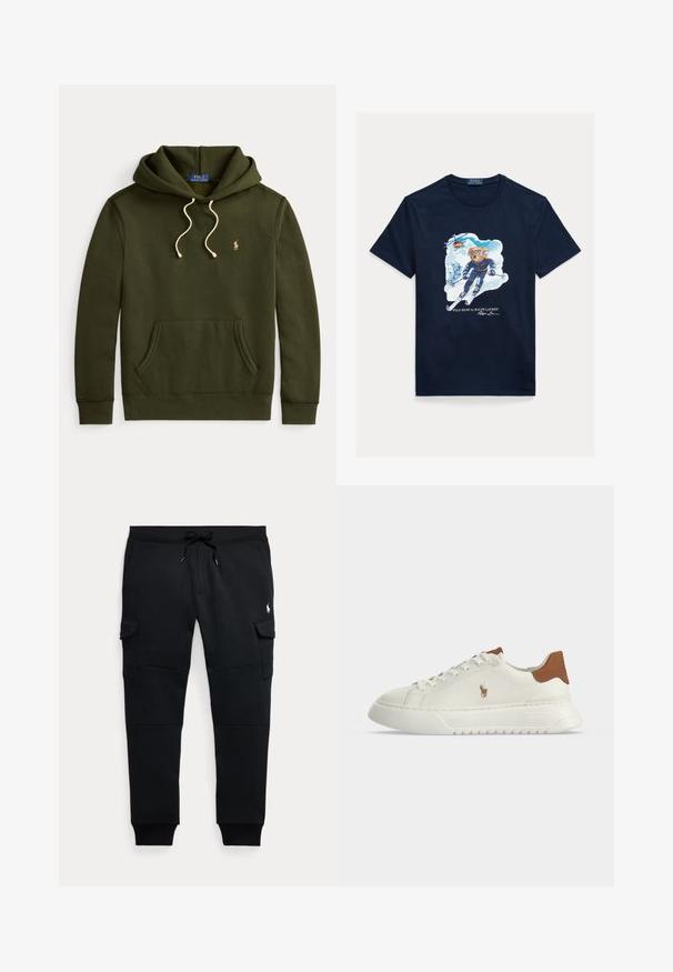 Donkergroene hoodie met voorzak, crèmekleurige trekkoorden en klein geborduurd gouden Polo Ralph Lauren-logo op de linkerborst.; Marineblauw katoenen T-shirt met een afbeelding van een beer die skiet, een skibril draagt, met een helikopter erboven en besneeuwde bergen op de achtergrond.; Zwarte cargo joggerbroek met trekkoord in de taille, zijzakken met klep, geribde boorden en een klein wit polo speler logo op het rechterdijbeen.; Witte lage sneaker met een bruine hieltab, veterluiting aan de voorkant, dikke zool en klein geborduurd paardenlogo aan de zijkant.