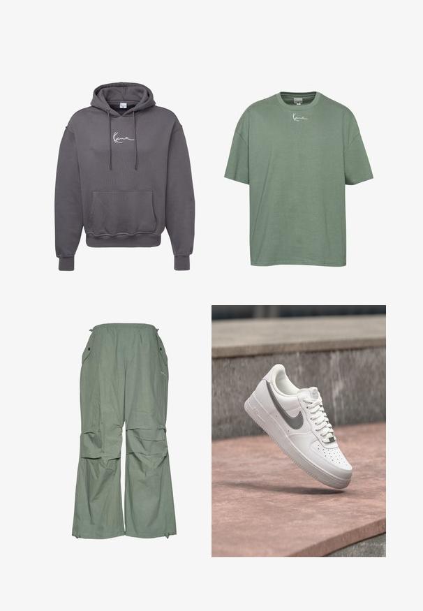 Grå hættetrøje lavet af bomuldsblanding med en frontlomme, snor til hætten, ribbede manchetter og hvid logo broderi på brystet.; Grøn bomulds t-shirt med afslappet pasform, ribbet rund hals og korte ærmer. Har hvid broderet tekst på brystet.; Lys grønne, løstsiddende cargo-bukser med snoretræk i taljen, sidelommer og brede ben. Fremstillet af letvægtsstof med en rynket tekstur.; Hvid Nike Air Force 1 sneaker med gråt swoosh-logo svævende over en stensurface og en grå stenvæg i baggrunden.