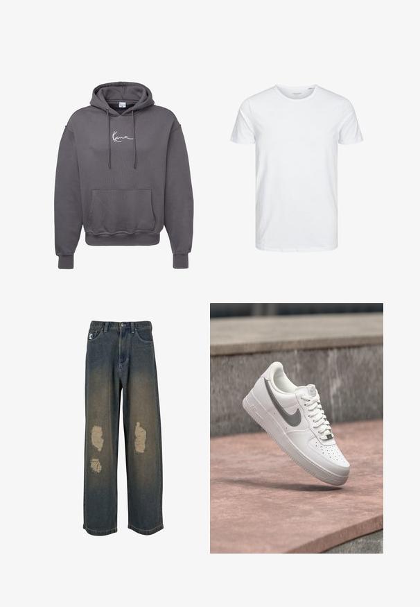 Sudadera gris de mezcla de algodón con un bolsillo frontal, capucha con cordón, puños acanalados y bordado de logo blanco en el pecho.; Camiseta de manga corta y cuello redondo en blanco sólido, fabricada en algodón suave, presenta un diseño simple sin patrones ni acentos visibles.; Jeans de denim azul desgastado con pierna ancha, que presentan parches desgastados y bordes deshilachados. Cierre de botón y cremallera de metal, con bolsillos delanteros.; Zapatilla blanca Nike Air Force 1 con logo swoosh gris flotando sobre una superficie de piedra y un fondo de pared de piedra gris.