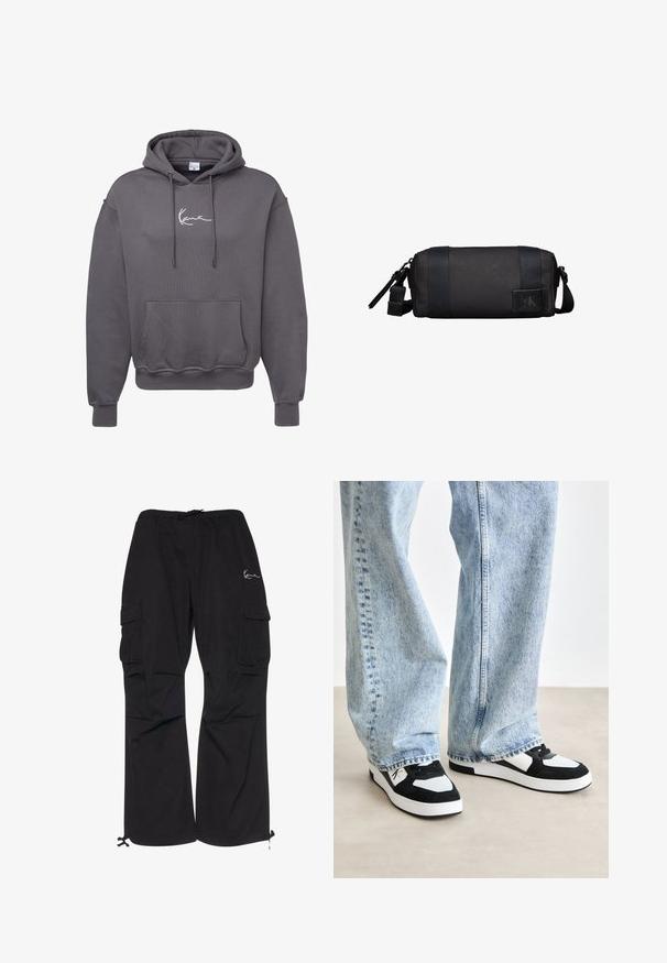 Hallid hallist puuvilla segu, millel on esikott, reguleeritav kapuuts, soonikvarrukad ja valge logo tikand rinnal.; Mustad mustad pagasid kergedest kangast, elastse vöökoha ja paeltega, külgtaskud ja reguleeritavad pärani.; Mustvalged ja -valged tossud, mis on valmistatud sametist ja võrgumaterjalidest. Madala lõikega disain, millel on pehmendatud kaelus ja lame kummist tald, kokku sobitatud helesiniste teksastega.; Kompaktne must silindrikujuline hügieenitarvete kott reguleeritava rihmaga ja Calvin Kleini logo esiküljel plaastril.