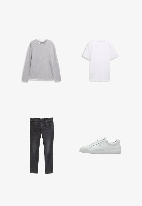 Graues Langarmshirt aus strukturiertem Strickstoff, mit rundem Ausschnitt und weißem Besatz am Kragen. Lockerer Schnitt mit gerippten Bündchen.; Schlichtes weißes kurzärmeliges T-Shirt mit Rundhalsausschnitt, flach auf weißem Hintergrund ausgelegt.; Schmale schwarze Denim-Jeans mit einem verblassten Finish, fünf Taschen, Gürtelschlaufen und dezenten Nähdetails an den Nähten.; Weiße synthetische Sneakers mit glatter Oberfläche, Schnürdesign, gepolstertem Zungenbereich und geprägtem Logo an der Seite. Flache Gummisohle.