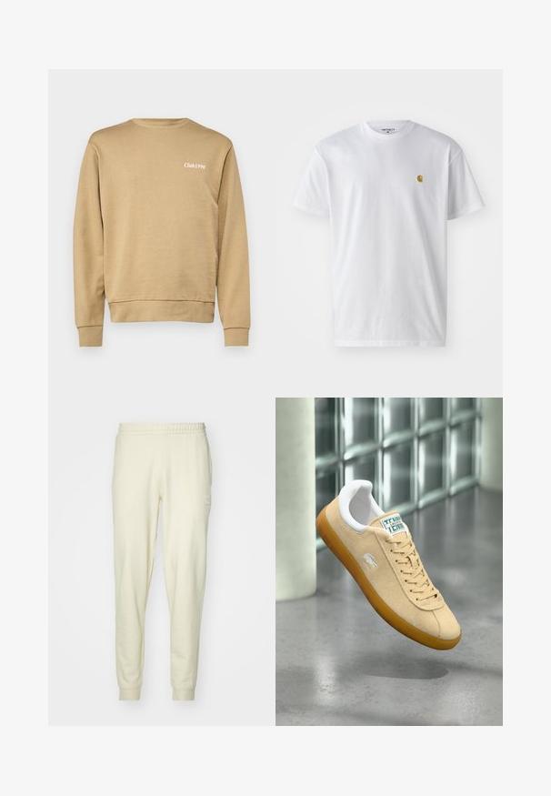 Sudadera beige con cuello redondo y puños acanalados, que presenta un sutil texto "Club1990" en blanco en la parte superior izquierda del pecho. Textura suave.; Camiseta de algodón blanca con mangas cortas, cuello redondo, que presenta un pequeño logo dorado en la parte izquierda del pecho. Textura suave y corte regular.; Pantalones de chándal color crema hechos de una tela suave, con cintura elástica y puños. Presenta un pequeño emblema en la cadera izquierda.; Zapatilla de ante beige con cuello acolchado blanco, cordones beige y suela de goma color caramelo. Presenta un logo verde y blanco en la lengüeta.