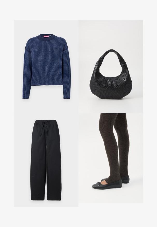 Suéter de punto azul marino con textura acanalada, mangas largas y cuello redondo. Presenta una sutil variación de color en toda su superficie.; Pantalones de pierna ancha negros, hechos de una tela suave, que presentan una cintura elástica con cordón y sin patrones ni acentos visibles.; Piernas con leggings oscuros acanalados combinados con bailarinas negras que presentan pequeños detalles de lazo sobre un fondo blanco.; Bolso de mano tejido en negro con un asa curvada, que presenta una superficie texturizada y una forma holgada. Acabado suave con una silueta orgánica.