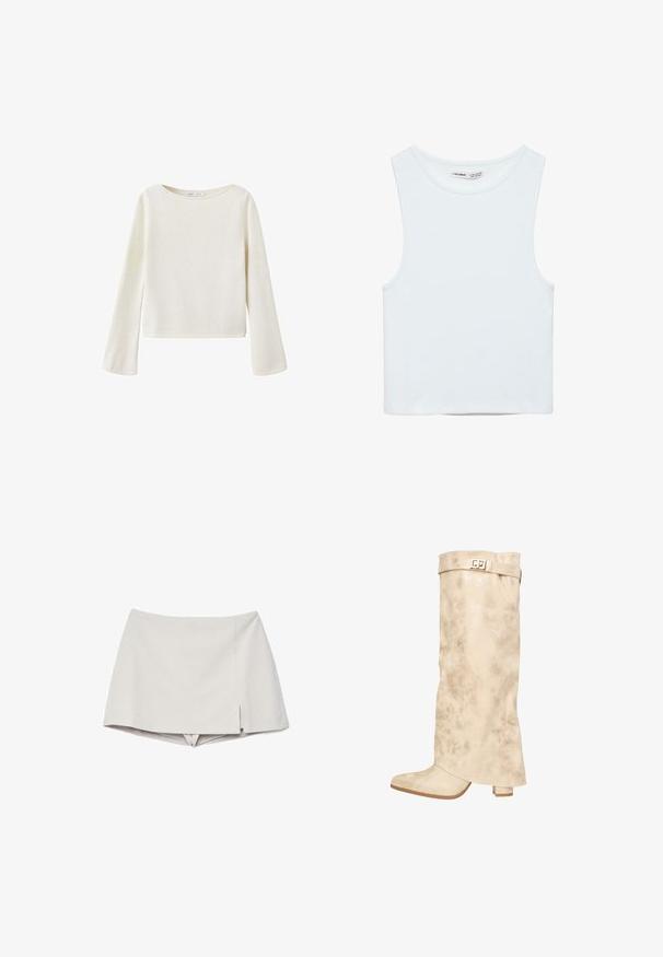 Off-white langærmet sweater med bred rund halsudskæring og let udvidede ærmer, lavet af blødt strikket stof.; Hvid ærmeløs crop top med rund halsudskæring, lavet af glat stof, mærket Pull&Bear, egnet til afslappet brug.; Beige skort med høj talje og en lille frontslids på højre side, ser ud som en nederdel med korte bukser under.; Knæhøj creme syntetisk læderstøvle med en subtil glans, tekstureret overflade, blokhæl og en rem med en metallisk spænde øverst.