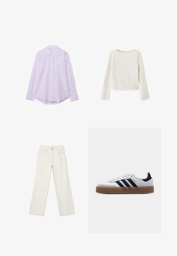 Pull blanc cassé à manches longues avec un large col rond et des manches légèrement évasées, fabriqué en tissu en maille douce.; Chemise à manches longues à boutons avec rayures verticales rose et blanches, col pointu, poche poitrine avant et ourlet arrondi.; Jean blanc à jambes larges avec bouton et fermeture éclair à l'avant, poches avant et poche monnaie, présenté à plat sur fond blanc.; Baskets en cuir blanc avec des rayures noires, semelle extérieure en caoutchouc beige, bout rond, fermeture lacée et embout en suède gris doux.
