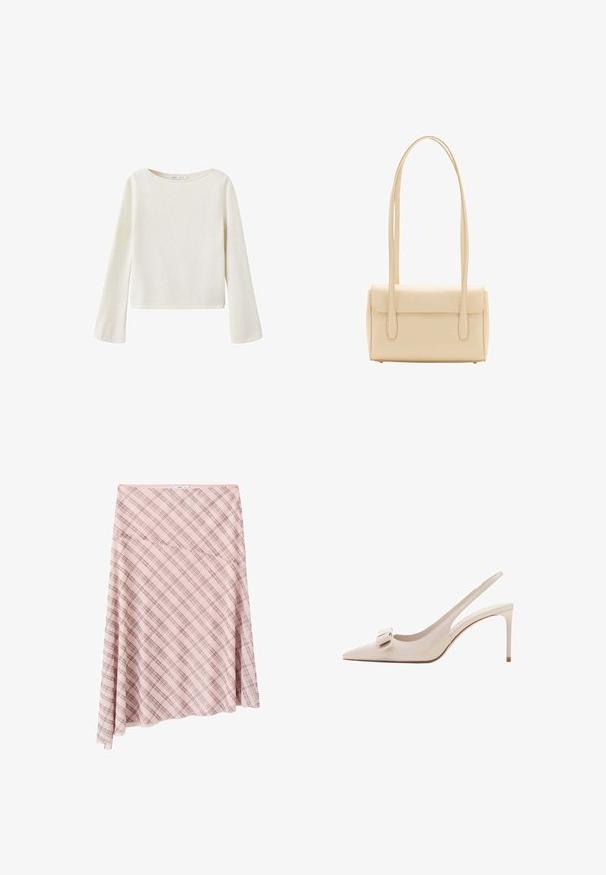 Pull blanc cassé à manches longues avec un large col rond et des manches légèrement évasées, fabriqué en tissu en maille douce.; Jupe asymétrique rose à carreaux avec motif à carreaux diagonal et petite étiquette de marque à la taille sur fond blanc.; Chaussure à talon haut slingback en cuir beige avec bout pointu et décoration de nœud à l'avant, talon stiletto fin.; Sac à épaule rectangulaire beige avec longues bretelles doubles et fermeture à rabat, présenté sur fond blanc.