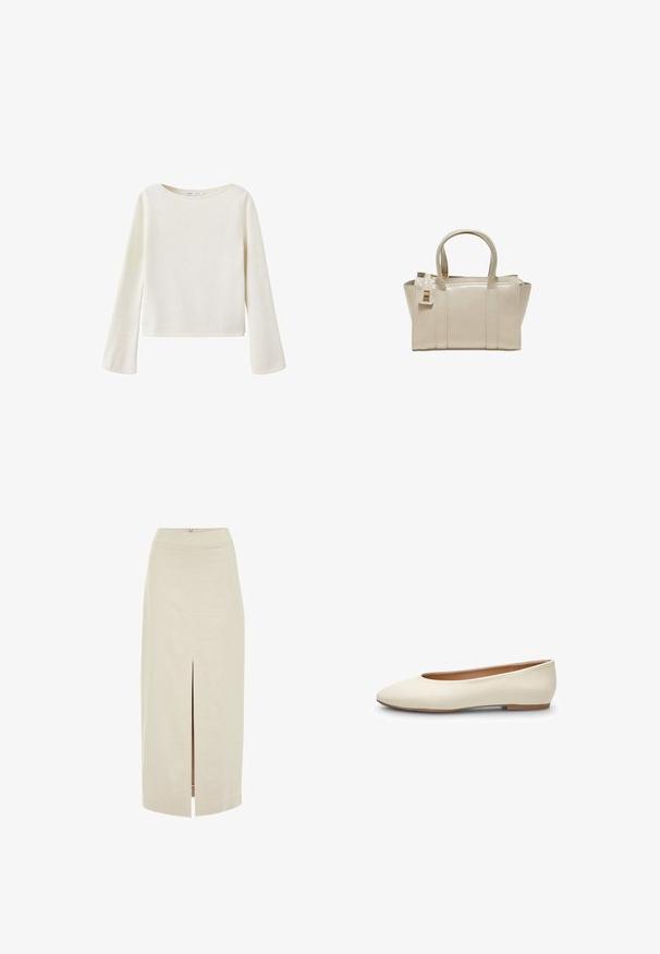 Off-white trui met lange mouwen, brede ronde halslijn en licht uitlopende mouwen, gemaakt van zachte gebreide stof.; Lichtbeige midi-jurk met een rechte snit en een centrale voorknip. Gemaakt van een gladde stof met een verborgen rits aan de achterkant.; Witte leren ballerinaschoen met een afgeronde neus, minimalistisch ontwerp, gladde textuur en een laag silhouet, voorzien van een dunne bruine zool.; Beige leren handtas met twee handvatten, gestructureerde rechthoekige vorm en een klein goudkleurig slotje op de voorste riem.