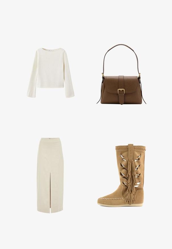Off-white trui met lange mouwen, brede ronde halslijn en licht uitlopende mouwen, gemaakt van zachte gebreide stof.; Lichtbeige midi-jurk met een rechte snit en een centrale voorknip. Gemaakt van een gladde stof met een verborgen rits aan de achterkant.; Bruine suède laarzen tot halverwege de kuit met laser uitgesneden bladmotieven, gevlochten rand, grote zijkwastjes, mocassin-achtige neusnaad en platte zool.; Bruine leren schoudertas met voorflap en gouden gesp, met verstelbare riem met gouden hardware op een witte achtergrond.