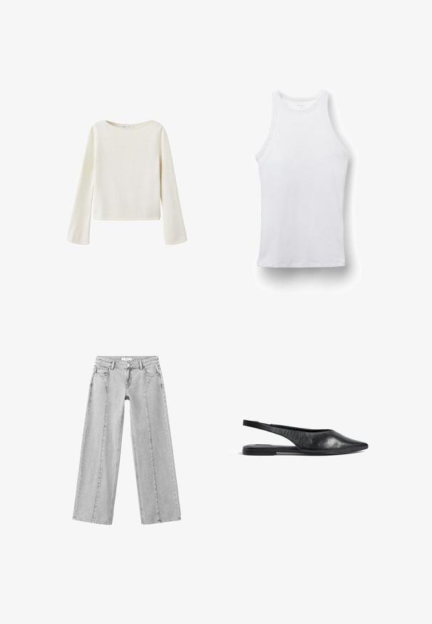 Jersey de manga larga color blanco hueso con un amplio escote redondo y mangas ligeramente acampanadas, hecho de tejido de punto suave.; Camiseta sin mangas blanca de canalé con cuello redondo alto, estilo ajustado para mujer, mostrada sobre fondo blanco.; Vaqueros de mezclilla gris claro con piernas anchas, bolsillos delanteros y traseros, trabillas para cinturón y cierre con botón en la cintura.; Bailarinas de piel negra con tira en el talón y punta afilada, de diseño minimalista. Cuentan con un perfil elegante y un tacón delgado para mayor estabilidad.