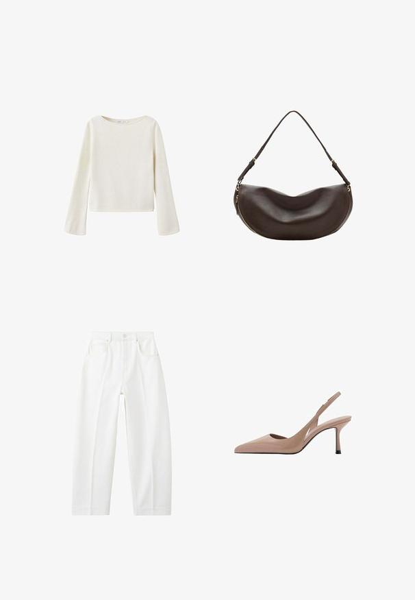 Off-white langærmet sweater med bred rund halsudskæring og let udvidede ærmer, lavet af blødt strikket stof.; Hvide, højtaljede jeans med lige ben, forlommer, bæltestropper og knappelukning.; Nude slingback højhælede sko med spids tå, glat tekstur og en tynd stilletto hæl. Udsnit på siden tilfører et unikt præg.; Mørkebrun skuldertaske i læder med buet form, justerbar rem og guldfarvet lynlås langs den nederste kant.