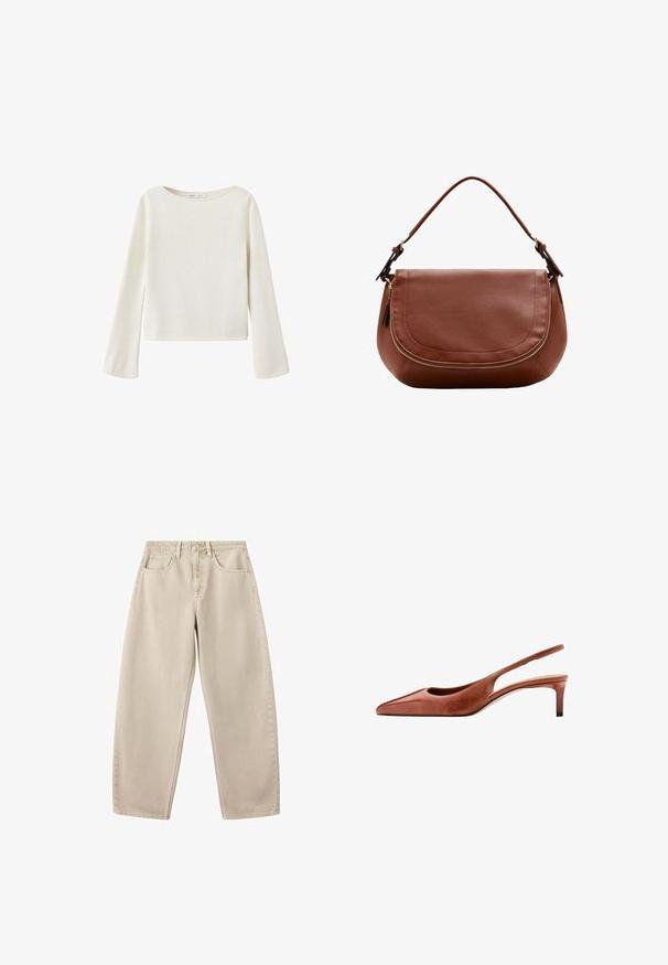 Pull blanc cassé à manches longues avec un large col rond et des manches légèrement évasées, fabriqué en tissu en maille douce.; Jean beige taille haute à jambes larges avec bouton devant, fermeture éclair, passants de ceinture, deux poches avant et une petite poche pour la monnaie.; Chaussure slingback en cuir marron à bout pointu, petit talon kitten et fine bride autour du talon sur fond blanc.; Sac à bandoulière en cuir marron avec rabat arrondi et détail de fermeture éclair dorée, doté d'une bandoulière réglable unique.
