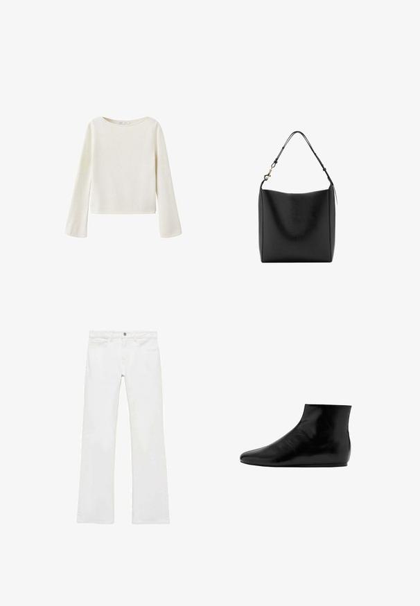 Off-white Langarmpullover mit weitem Rundhalsausschnitt und leicht ausgestellten Ärmeln, aus weichem Strickstoff gefertigt.; Weiße, ausgestellte Jeans aus einem glatten Baumwollstoff, mit fünf Taschen, einem Metallknopfverschluss und Gürtelschlaufen. Die Beine haben ein leichtes Verfeinerungsdetail.; Schwarze Leder-Stiefelette mit glatter Oberfläche, flacher Sohle, runder Spitze und minimalistischen Design.; Schwarze Leder-Umhängetasche mit einem breiten Hauptfach und verstellbarem Riemen mit goldfarbenem Verschluss.