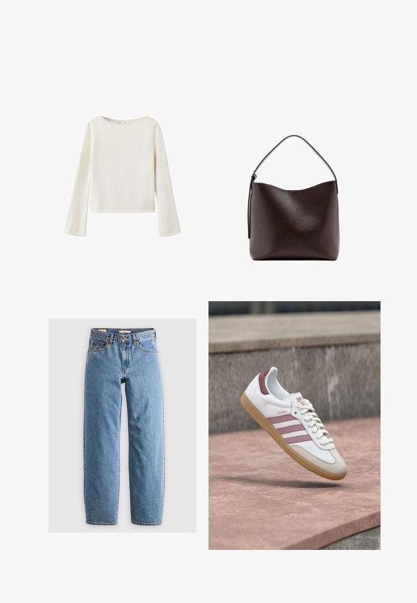 Off-white langærmet sweater med bred rund halsudskæring og let udvidede ærmer, lavet af blødt strikket stof.; Lysblå denim jeans med lige ben-design, fem lommer, lynlås og en subtil falmet tekstur. Klassisk stil med minimal hardware.; Hvid og pink Adidas Samba sneaker med gummisål, der svæver over en stenoverflade med en sløret stenvæg i baggrunden.; Mørkebrun læderhåndtaske med et enkelt buet topgreb og en glat, usmykket overflade mod en hvid baggrund.