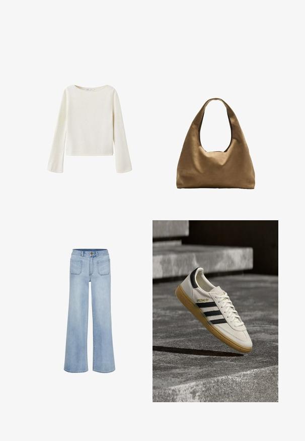 Off-white langærmet sweater med bred rund halsudskæring og let udvidede ærmer, lavet af blødt strikket stof.; Lyseblå vidbukser lavet af denim, med høj talje, fem lommer og en ren afslutning ved kanten.; Hvid Adidas Spezial sneaker med sorte striber og gummisål, svævende over grå stentrin udendørs.; Brun stof skuldertaske med en bred, rundet krop og et stort udsnit håndtag. Blød tekstur, minimalistisk design og ingen synlig hardware.