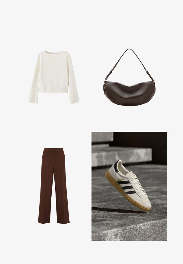 Jersey de manga larga color blanco hueso con un amplio escote redondo y mangas ligeramente acampanadas, hecho de tejido de punto suave.; Pantalones de pierna ancha marrones con una textura suave, que cuentan con una cinturilla estructurada y detalles de pliegue sutiles que recorren la parte delantera.; Zapatilla blanca Adidas Spezial con rayas negras y suela de goma flotando sobre escalones de piedra grises al aire libre.; Bolso de hombro de cuero marrón oscuro con forma curva, correa ajustable y cremallera dorada a lo largo del borde inferior.