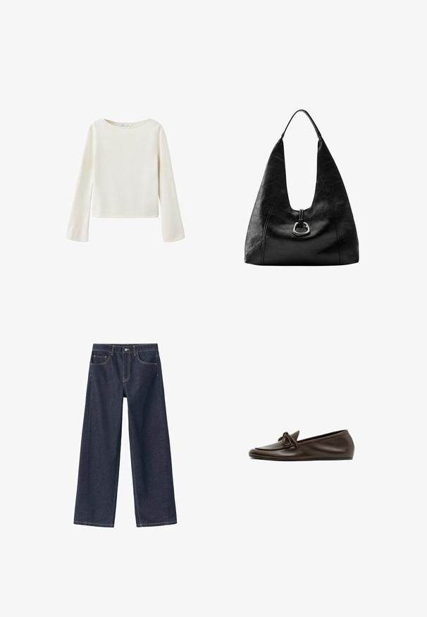 Off-white trui met lange mouwen, brede ronde halslijn en licht uitlopende mouwen, gemaakt van zachte gebreide stof.; Donkerblauwe denim wijde pijpen met een hoge taille, zichtbare stiksels, twee voorzakken en een knoopsluiting bij de tailleband.; Donkerbruine leren platte loafer met een afgeronde neus en decoratieve strik op het bovenwerk, zijaanzicht op witte achtergrond.; Zwarte leren schoudertas met een zachte, nonchalante vorm en een enkele band, met een zilveren metalen ringdetail aan de voorkant.