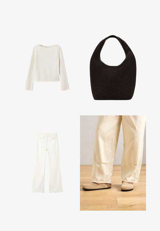 Pull blanc cassé à manches longues avec un large col rond et des manches légèrement évasées, fabriqué en tissu en maille douce.; Pantalon blanc taille haute avec jambes évasées, bouton et fermeture éclair à l'avant, et deux poches à rabat avec boutons à la taille devant.; Pantalons larges beiges portés avec des sabots en suède tan de style Birkenstock sur un sol en bois clair.; Sac cabas noir en maille à tissage ouvert avec poignée supérieure arrondie et corps large et incurvé.