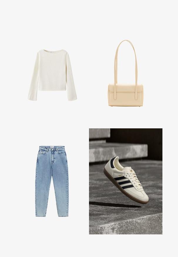 Off-white Langarmpullover mit weitem Rundhalsausschnitt und leicht ausgestellten Ärmeln, aus weichem Strickstoff gefertigt.; Helle blaue Jeans mit hochsitzt, geradem Bein und Kontrastnähten. Mit vorderen und hinteren Taschen sowie einem Knopfverschluss.; Weißer Adidas Samba Sneaker mit schwarzen Streifen und Gummisohle, schwebend über strukturierten grauen Betontreppen.; Beige rechteckige Schultertasche mit langen doppelten Trägern und Klappverschluss, vor weißem Hintergrund dargestellt.
