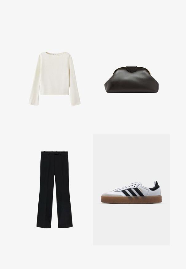 Off-white langærmet sweater med bred rund halsudskæring og let udvidede ærmer, lavet af blødt strikket stof.; Sorte bukser med lige pasform, lavet af glat stof. Har en talje med bæltestropper og ingen synlige mærker eller dekorationer.; Hvide lædersneakers med sorte striber, gummirubber sål, rund tå, snørelukning og blød grå ruskinds tåhætte.; Blød sort læder clutch taske med en rundet ramme og en lille lukning i toppen midt på.