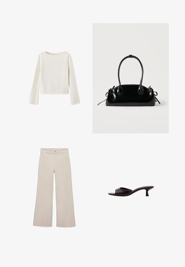 Off-white langærmet sweater med bred rund halsudskæring og let udvidede ærmer, lavet af blødt strikket stof.; Beige brede jeans med høj talje, lavet af denimstof. Har en rå kant forneden samt en frontknap og lynlås lukning.; Sort mule sandal med åben tå, lav buet hæl og en glat læderoverdel mod en hvid baggrund.; Lille sort blank håndtaske med to lange håndtag og snøre-detaljer i siden på en ensfarvet lys baggrund.