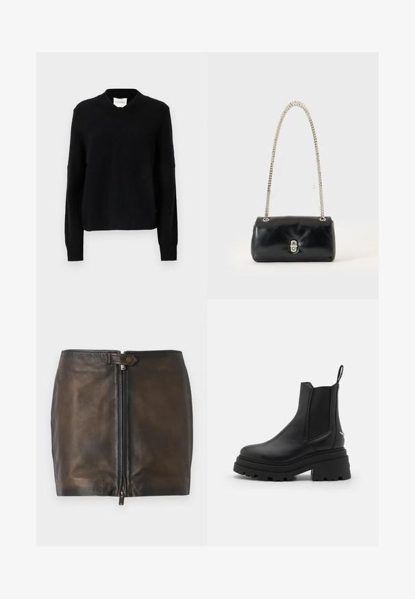 Pull noir en V en tissu tricoté texturé, doté de manches longues et de poignets côtes, avec une silhouette décontractée et une étiquette de logo dans le décolleté.; Jupe mini noire en cuir avec une fermeture à glissière à l'avant, texture lisse et taille étroite. Présente un petit accent métallique sur la taille.; Bottines Chelsea noires en cuir lisse avec des panneaux latéraux élastiques, une semelle en caoutchouc épaisse et nervurée, et une languette à l'arrière.; Sac à main en cuir noir avec une bandoulière chaîne argentée et un fermoir argenté, exposé sur un fond uni clair.