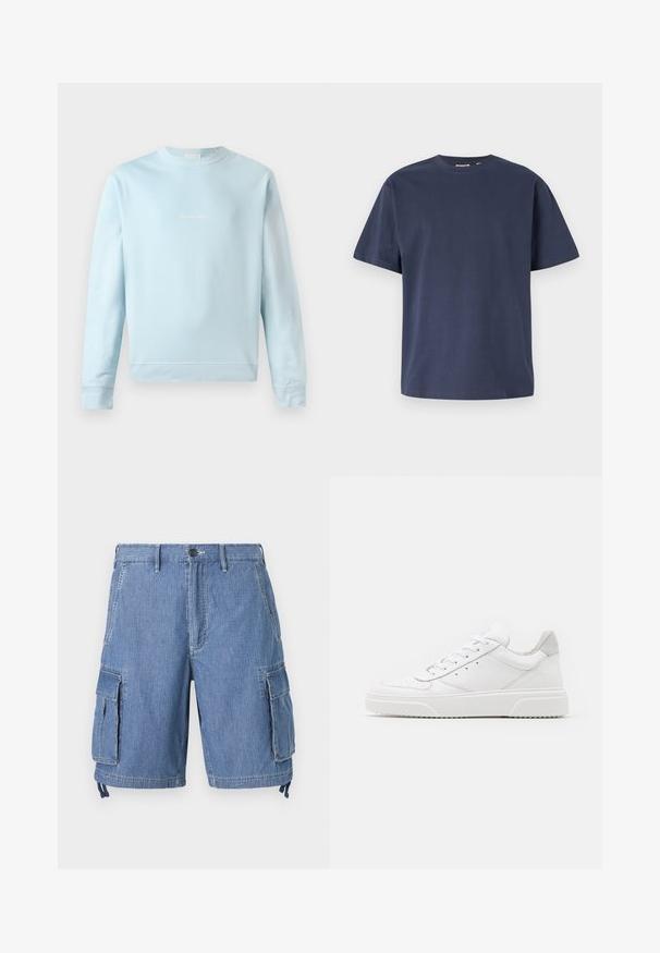 Lichtblauwe sweatshirt van zachte katoen, met een ronde hals, geribbelde mouwen en een klein, subtiel logo op de voorkant gestikt.; Navyblauwe katoenen T-shirt met een ronde halslijn en korte mouwen. Gladde textuur, rechte snit en minimale naden, wat zorgt voor een klassiek ontwerp.; Blauwe denim cargo shorts met een knoopsluiting, twee voorzakken en twee grote zijflapzakken. Inclusief verstelbare koordjes aan de zoom.; Witte leren sneakers met een gladde afwerking, ronde neus, platte veters en een gestructureerde zool. Grijze suède accent bij de hiel.
