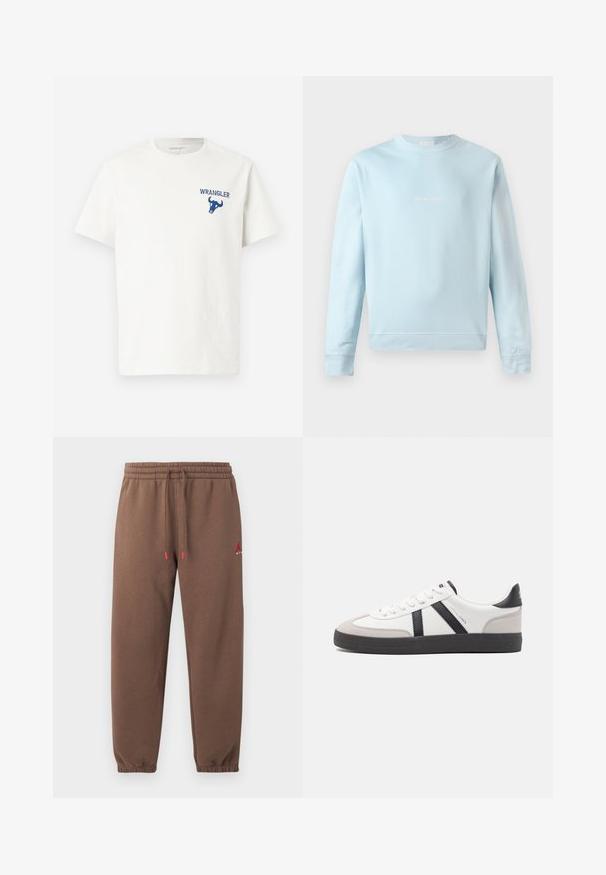 Lichtblauwe sweatshirt van zachte katoen, met een ronde hals, geribbelde mouwen en een klein, subtiel logo op de voorkant gestikt.; Witte katoenen t-shirt met een blauw Wrangler-logo en een stier graphic op de linker borst. Korte mouwen en ronde hals.; Bruine joggerbroek met elastische tailleband en boorden, verstelbaar trekkoord met rode uiteinden en klein rood logo op het bovenste linkerbeen.; Witte sneaker met zwarte en grijze accenten, voorzien van een grijze neus met textuur, zwarte rubberen zool en platte witte veters. Schoon ontwerp, minimalistische stijl.