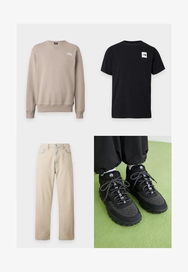 Beige Sweatshirt aus Baumwollmischung. Mit einem gerippten Halsausschnitt, Bündchen und Saum; vorne links ein Logo in Weiß. Klassischer, lockerer Schnitt.; Schwarzes Baumwoll-T-Shirt mit Rundhalsausschnitt, kurzen Ärmeln und einem weißen quadratischen Logo auf der linken Brust mit Bergmotiv.; Hellbeige Jeans aus Denim mit geradem Bein, fünf Taschen und Knopfverschluss. Verfügt über dezentes Verblassen des Stoffes und ein klassisches Design.; Schwarze Sneaker bestehen aus einer Kombination von Leder und Mesh-Materialien, haben eine strukturierte Gummisohle, auffällige Perforationen und gemusterte Schnürsenkel mit numerischen Akzenten.