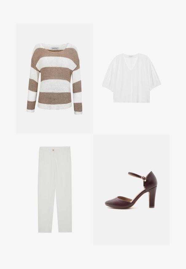 Jersey de punto de manga larga con anchas rayas horizontales beige y blancas, cuello redondo y puños y bajo acanalados.; Blusa blanca de manga corta con cuello en V, textura suave, corte relajado y detalles cosidos en el escote y las mangas.; Pantalones blancos, ajustados, con un diseño de pierna recta, que cuentan con un cierre de botón, lazos para cinturón y bolsillos laterales; textura de tela suave.; Zapato de tacón alto de cuero marrón oscuro con punta cerrada y puntiaguda, correa en el tobillo con hebilla dorada y detalle de perla, y tacón ancho.
