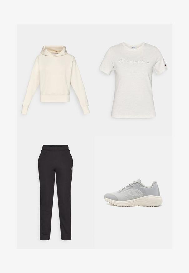 Sudadera con capucha para mujer de color crema, con mangas largas, bolsillo canguro delantero y un corte holgado sobre un fondo claro y liso.; Camiseta blanca de algodón con mangas cortas, cuello redondo y logotipo "Champion" bordado en una textura contrastante en la parte delantera.; Pantalones deportivos negros hechos de una tela suave, con una cintura elástica, piernas rectas y un pequeño logo en el costado.; Zapatillas deportivas grises con parte superior de malla, cierre de cordones y suela blanca moldeada; presentan un patrón texturizado y un acento de logo.