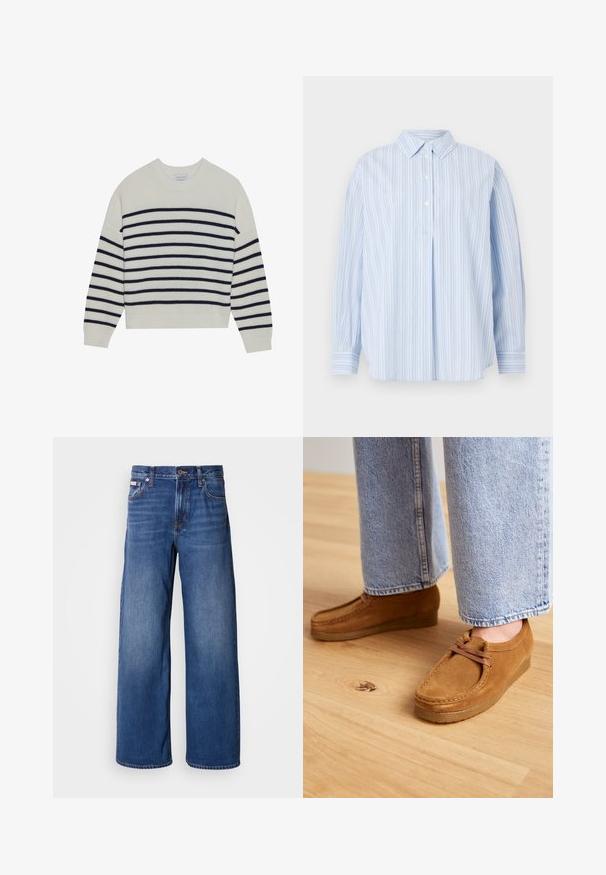 Cremefarvet sweater med marineblå vandrette striber, ribbet tekstur, rund halsudskæring og lange ærmer. Løs pasform med cropped design.; Lyseblå langærmet skjorte med hvide lodrette striber, tre hvide knapper på frontknap, og klassisk krave på ensfarvet baggrund.; Bredde denim jeans i mørkeblå med høj talje, fem lommer og subtil falmning langs fronten for ekstra tekstur og detaljer.; Brune ruskindsko med en rund tå og tanfarvet gummisål, der har et simpelt snørebåndsdesign, parret med lyseblå denimbukser.