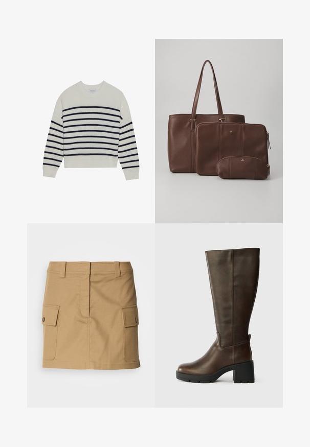 Cremefarvet sweater med marineblå vandrette striber, ribbet tekstur, rund halsudskæring og lange ærmer. Løs pasform med cropped design.; Khaki bomuldsnederdel med en tætsiddende talje, to sidelommer med klaplukninger og lige snit. Holdbart materiale med en glat overflade.; Brune læder knæhøje støvler med en kraftig sort hæl og struktureret finish. Har en rund tå og diskret sømdetaljering på siden.; Brun læder tote taske med to matchende pouches; tote tasken har lange håndtag, mens pouches er med lynlås og i varierende størrelser. Gyldne detaljer inkluderet.