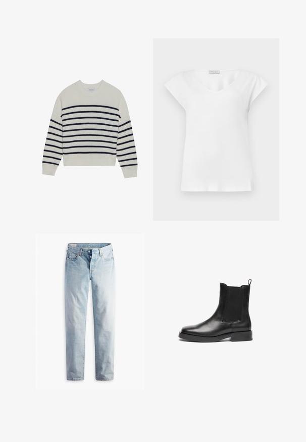 Suéter crema con rayas horizontales en azul marino, textura acanalada, cuello redondo y mangas largas. Ajuste relajado con un diseño corto.; Blusa blanca de manga corta con escote redondo y una pequeña etiqueta de marca cerca del cuello.; Jeans de mezclilla azul claro con diseño de pierna recta, cinco bolsillos y cierres de botones metálicos en una pretina estándar.; Botas Chelsea de cuero negro con paneles laterales elásticos, punta redonda, lengüeta y suela de goma negra gruesa. Textura suave y diseño clásico.