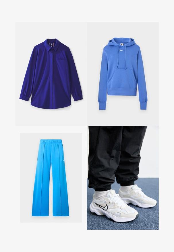 Sininen Nike-huppari, jossa etutasku, säädettävä huppu ja valkoinen Nike Swoosh -logo rinnassa.; Pitkähiha, kuninkaansinisestä kankaasta valmistettu paita, jossa on klassinen kaulus, yksi rintatasku ja joustavat hihansuut, valmistettu kevyestä kankaasta.; Kirkkaan siniset leveälahkeiset urheiluhousut, joissa on joustava vyötärö ja pieni valkoinen Nike swoosh -logo oikeassa reisessä.; Valkoiset ja vaaleanharmaat urheilukengät, joissa on teksturoitu päällinen, paksu pohja ja musta swoosh-logo. Yhdistetty mustiin jogging-housuihin ja valkoisiin sukkiin.
