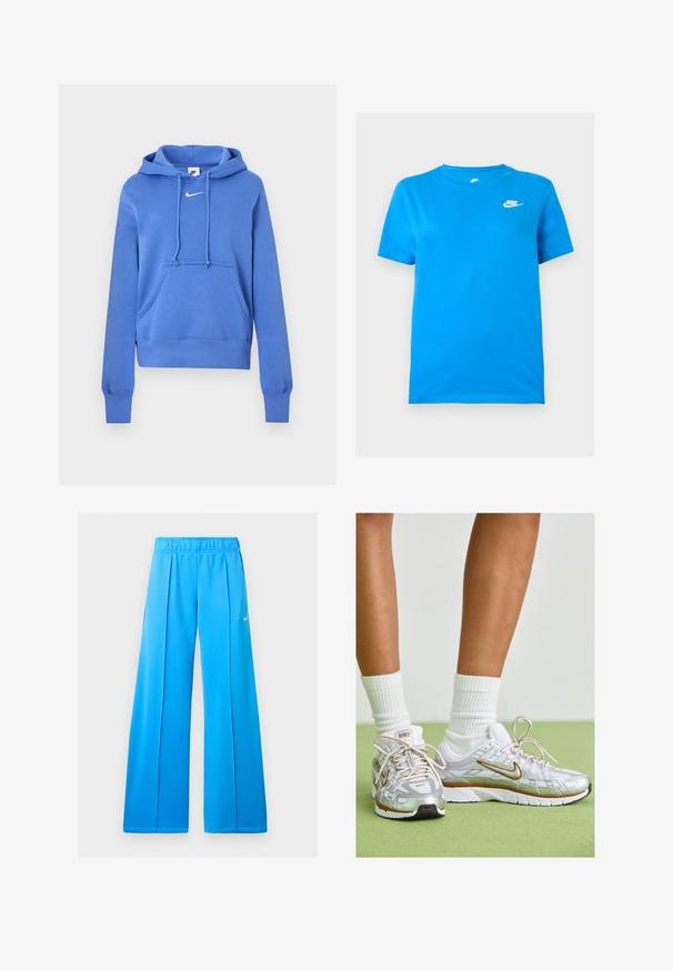 Blå Nike hoodie med kangaroo-lomme foran, snørelukning på hætten og hvid Nike swoosh-logo på brystet.; Blå kortærmet Nike T-shirt med rund hals og hvidt Nike-logo på øverste venstre bryst mod en ensfarvet baggrund.; Lyseblå atletikbukser med vide ben, elastisk linning og lille hvid Nike swoosh-logo på højre lår.; Sølv atletik sko med hvide og gyldne accenter, der har en mesh-overdel, gummisål og en reflekterende finish. Strømper synlige over anklen.
