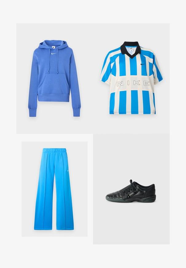 Μπλε φούτερ Nike με καγκουρό τσέπη στο μπροστινό μέρος, κουκούλα με κορδόνι και λευκό λογότυπο Nike Swoosh στο στήθος.; Αθλητική φανέλα Nike με κοντά μανίκια, κάθετες μπλε και λευκές ρίγες, μαύρο γιακά και τη λέξη «NIKE» στο στήθος.; Φωτεινό μπλε αθλητικό παντελόνι με φαρδιά πόδια, ελαστική μέση και μικρό λευκό λογότυπο Nike swoosh στο δεξί μηρό.; Μαύρο αθλητικό παπούτσι από δέρμα με καπιτονέ σχέδιο, στρογγυλή μύτη, κορδόνια μπροστά και ελαστική σόλα. Διαθέτει διακριτική επωνυμία στο πλάι.