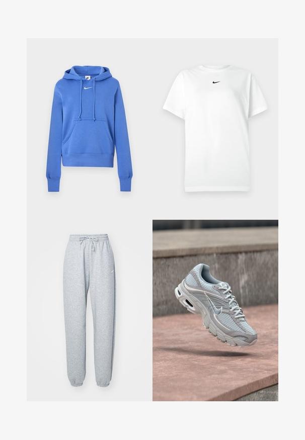 Blå Nike hoodie med kangaroo-lomme foran, snørelukning på hætten og hvid Nike swoosh-logo på brystet.; Hvid kortærmet T-shirt med rund hals, prydet med et lille sort Nike swoosh-logo centreret under halsudskæringen.; Lysgrå sweatpants lavet af blød bomuldsblanding, med elastisk talje og snoretræk, tapered ben og ribbede manchetter. Minimal brandingdetalje.; Lysegrå og hvid Nike-løbesko med mesh og polstret sål, vist i luften mod en baggrund af betontrapper.