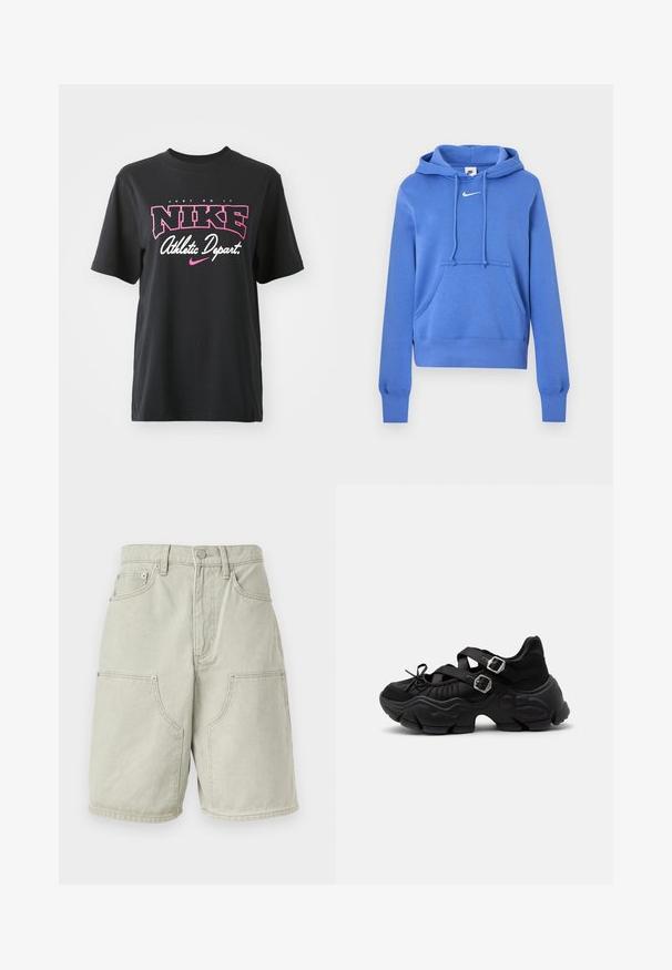 Sweat à capuche Nike bleu avec poche kangourou frontale, capuche à cordon de serrage et logo Nike Swoosh blanc sur la poitrine.; T-shirt en coton noir avec un imprimé graphique en rose et blanc portant les textes "JUST DO IT", "NIKE" et "Athletic Depart." Coupe standard.; Shorts en denim gris clair avec bouton et fermeture éclair à l'avant, passants pour ceinture, deux poches plaquées avant et poches latérales, style longueur genou.; Baskets noires épaisses avec semelle épaisse, deux sangles ajustables avec boucles argentées et un détail lacé à l'avant.