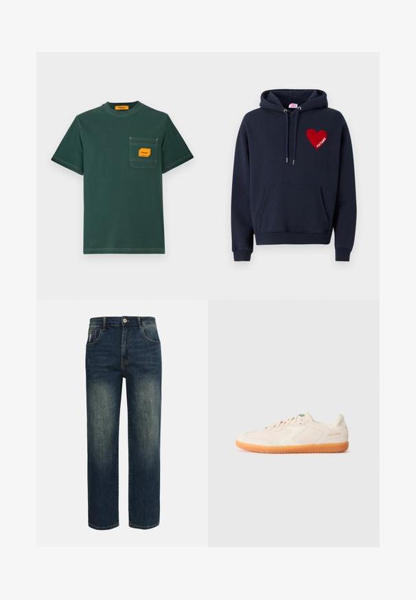 Donkerblauwe hoodie met een kangoeroezak, voorzien van een rode hartpatch met het woord "FUTURE" in het wit. Gemaakt van zachte stof, met een relaxte pasvorm.; Groene katoenen T-shirt met ronde hals, korte mouwen en een borstzak met een oranje label. Contrasterend stiksel is zichtbaar.; Donkerblauwe jeans met rechte pijpen, licht vervaagd aan de voorkant van de dijen, vijf zakken en een knoopsluiting in de taille.; Lichtbeige sportschoenen met een suède bovenwerk, witte accenten en een oranje rubberen zool. Beschikt over een vetersluiting en een logo op de zijkant.
