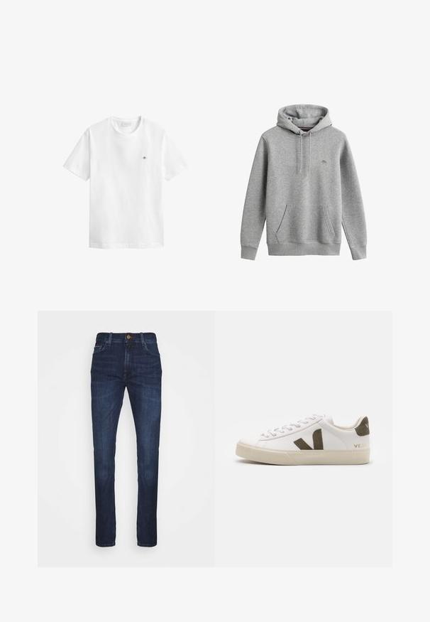 Sweat à capuche gris clair avec poche kangourou à l’avant, capuche avec cordon, poignets côtelés et petit logo brodé sur la poitrine.; T-shirt blanc à manches courtes avec col rond, petit logo bouclier brodé sur la poitrine gauche et étiquette GANT à l'intérieur du col.; Jean en denim bleu foncé, avec une coupe droite, présentant une taille standard, des poches avant et des détails de couture subtils.; Baskets en cuir blanc avec une semelle en caoutchouc beige clair. Présentent un logo en V en daim marron et une languette de talon. Fermeture à lacets avec une surface texturée.