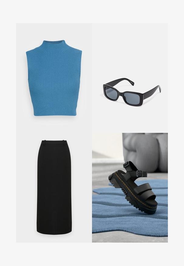 Top corto acanalado en azul con un diseño de cuello alto. Presenta un estilo sin mangas y una tela texturizada, acentuando una silueta ajustada.; Falda lápiz negra con diseño ajustado, textura lisa, longitud hasta la mitad de la pantorrilla y cinturilla con presillas para cinturón. Sin adornos.; Sandalia negra de plataforma con suela gruesa, correa ajustable en el tobillo y costuras amarillas, apoyada sobre una tela azul texturizada.; Gafas de sol rectangulares negras con lentes oscuros, montura de plástico grueso y patillas anchas. Superficie lisa y diseño anguloso.