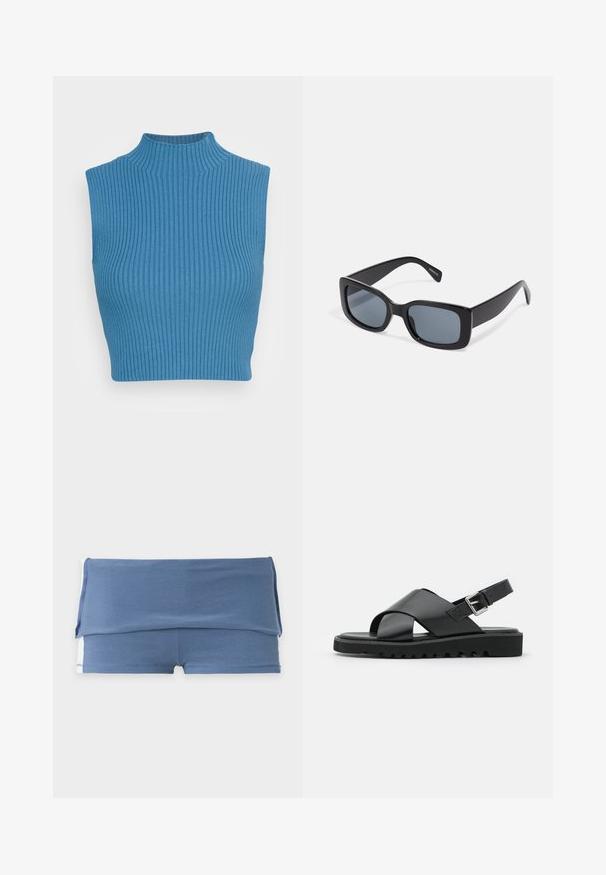 Top court côtelé bleu avec un col montant. Présente un style sans manches et un tissu texturé, accentuant une silhouette ajustée.; Shorts de maternité bleus avec une large ceinture rabattable et une courte longueur de jambe, présentés à plat sur un fond uni clair.; Sandales en cuir noir avec un design à lanières croisées, boucle réglable et semelle texturée avec des crans pour une meilleure adhérence.; Lunettes de soleil rectangulaires noires avec des verres teintés foncés, monture en plastique épaisse et branches larges. Surface lisse et design angulaire.