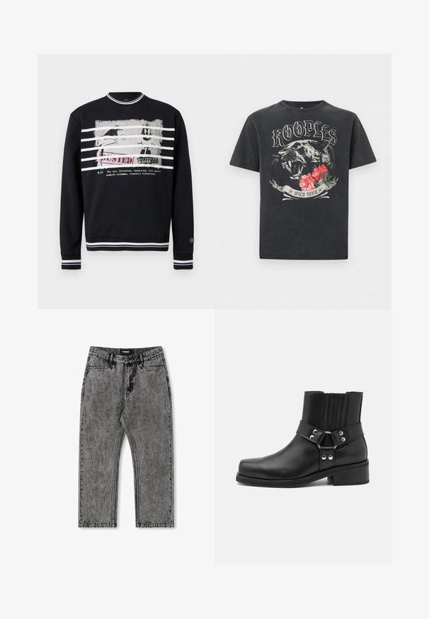 Schwarzes Crewneck-Sweatshirt mit weißen Streifen am Kragen, an den Bündchen und am Saum, mit einem abgenutzten Cartoon-Charakter und dem Schriftzug „BUSTED“.; Schwarzes T-Shirt mit brüllender Panther, roten Blumen und stilisiertem Text „KOOPLES“ oberhalb und „WILD TOUR“ unterhalb der Grafik.; Graue Denim-Jeans mit einem verranzten Finish, geradem Bein Design und fünf Taschen. Mit einem Etikett mit "FORMER" am Bund.; The Kooples CHAUSSURES - Cowboy-/Bikerstiefelette - black