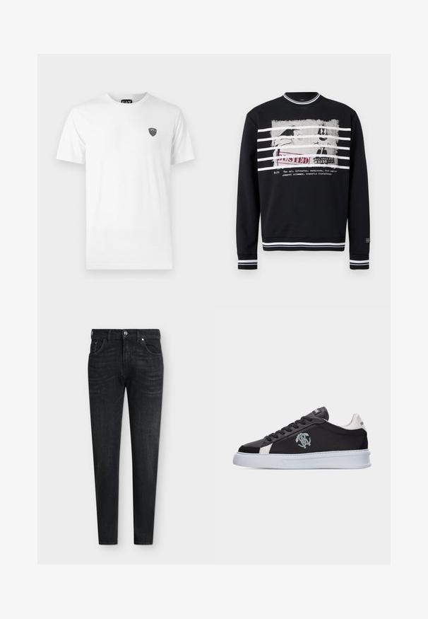 Sudadera negra con cuello redondo, con rayas blancas en el cuello, los puños y el dobladillo, que presenta un personaje de dibujos animados desgastado y un gráfico con el texto "BUSTED".; Camiseta de algodón blanca con mangas cortas, que presenta un pequeño logo negro en la parte izquierda del pecho. Diseño clásico de cuello redondo.; Vaqueros ajustados negros de denim con cinco bolsillos, cierre de botones y detalles sutiles lavados en las piernas delanteras.; Zapatilla negra de perfil bajo con suela blanca y detalle en el talón, cordones frontales y logo bordado en plata en el lateral.