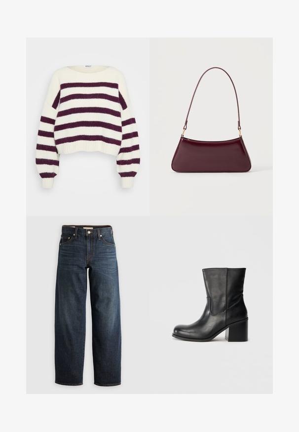 Crème gebreide trui met brede donkerpaarse horizontale strepen, lange pofmouwen en een ronde halslijn.; Donkerblauwe jeans van denim, met een recht model, vijf-pocketstijl en stiksels met een knoopsluiting.; Zwarte leren enkellaars met een afgeronde neus, zijkantnaaddetails en een chunky blokhak. Soepele textuur en minimalistisch ontwerp.; Donker bordeaux glanzende handtas met een enkele dunne handgreep en een slanke trapeziumvorm op een effen lichte achtergrond.