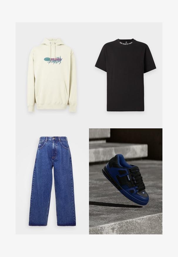 Creme hoodie lavet af bomuld, med en frontkangaroo-lomme, snørehætte og et farverigt grafisk logo med tekst på brystet.; Sort T-shirt med korte ærmer og rund halsudskæring med teksten "THE NORTH FACE" trykt rundt om kraven.; Bredde ben, blå denim jeans med høj talje, der har fem lommer, knaplukning og subtile blødgøringer for tekstur.; Sort og blå sneakers med snørebånd svævende over en betonoverflade med stentrapper i baggrunden.