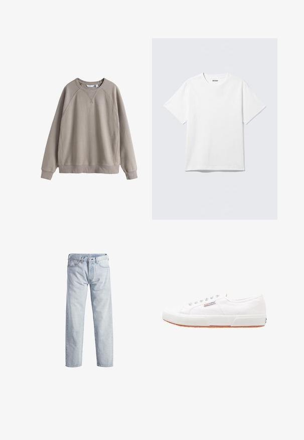 Beige sweater met ronde hals, lange mouwen, geribbelde boorden aan mouwen en zoom, en subtiele naaddetails op schouders en borst.; Witte T-shirt met korte mouwen en ronde hals, plat gelegd, effen ontwerp, met een "WEEKDAY" label in de kraag op een lichte achtergrond.; Lichtblauwe denim jeans met een rechtstaand ontwerp, knopenfly, vijf zakken en een subtiele vervaagde textuur. Voorzien van metalen hardware accenten.; Witte canvas sneakers met een rubberen zool, vetersluiting en een klein logolabel aan de zijkant. Gewreven wit bovenwerk en een bruine zool.