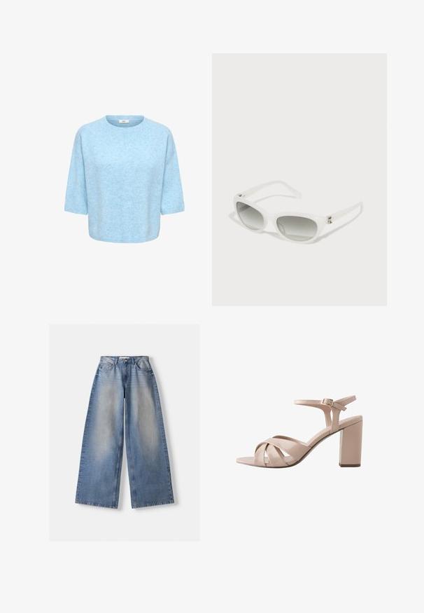 Lichtblauwe, gebreide trui met korte mouwen, ronde hals en een licht cropped pasvorm, afgebeeld op een witte achtergrond.; Brede blauwe denim jeans met hoge taille en vervaagde details, plat gelegd op een witte achtergrond.; Beige lakleren sandaal met open tenen, voorste kruisbandjes, enkelbandje met gespsluiting en een blokhak.; Ralph Lauren Zonnebril - opaline milky