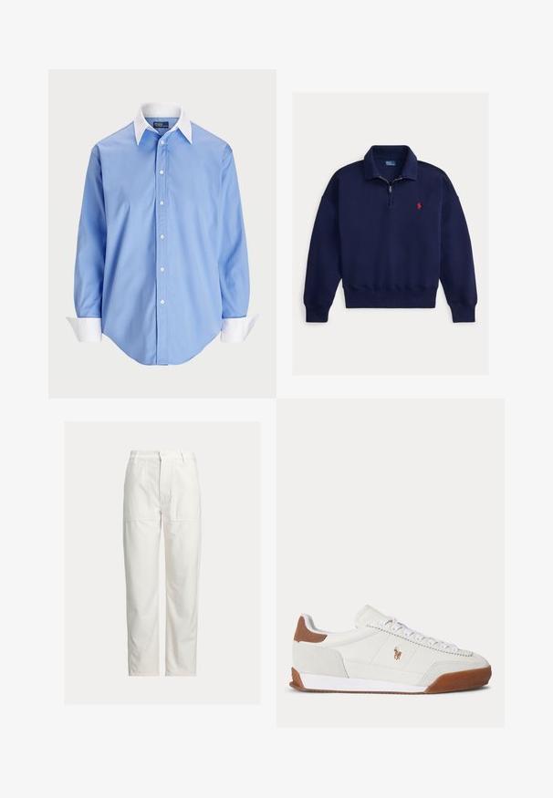 Mørkeblå quarter-zip sweatshirt med krave, lange ærmer, ribstrikkede manchetter og kant samt en lille rød broderet Polo-logo på brystet.; Lys blå skjorte med lange ærmer og en hvid kontrastkrave. Har en glat overflade og fem knapper foran.; Hvide bukser med lige ben, store foran-lommer, bæltestropper og lukning med knap i taljen.; Hvid sneaker med lavt skaft med brune ruskindsdetaljer ved hæl og tå, hvide snørebånd og et lille brunt broderet logo på siden.