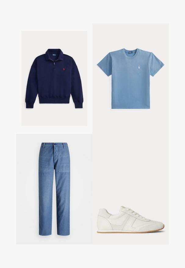 Sudadera azul marino con cierre de cremallera hasta el pecho, cuello, mangas largas, puños y dobladillo acanalados, y un pequeño logo de Polo bordado en rojo en el pecho.; Camiseta azul lisa de manga corta con cuello redondo y un pequeño logo blanco bordado en el pecho izquierdo.; Pantalones de mezclilla azul claro con un diseño de pierna recta, que cuentan con dos bolsillos delanteros y un cierre de botón en la cintura. Textura suave.; Zapatilla blanca de corte bajo con cordones en la parte frontal, paneles de ante y cuero, y una suela de goma marrón claro sobre un fondo blanco.